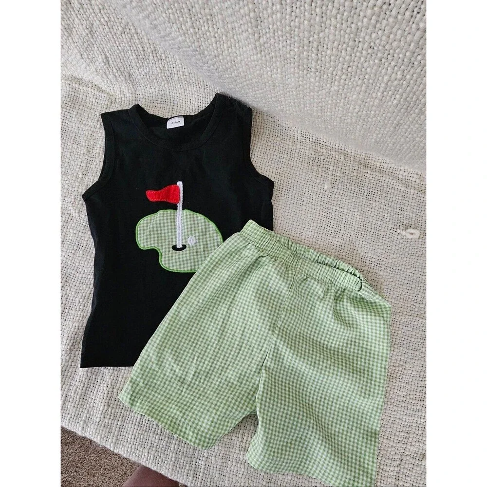 Boutique Black Golf Applique Tank with Green Gingham Shorts